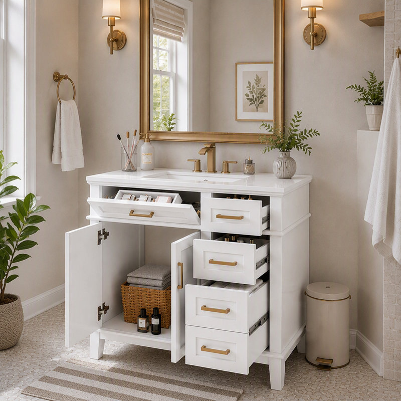 Meuble-lavabo de salle de bain de 36 pouces (91 cm) avec 4 tiroirs de rangement et porte à fermeture en douceur, Blanc
