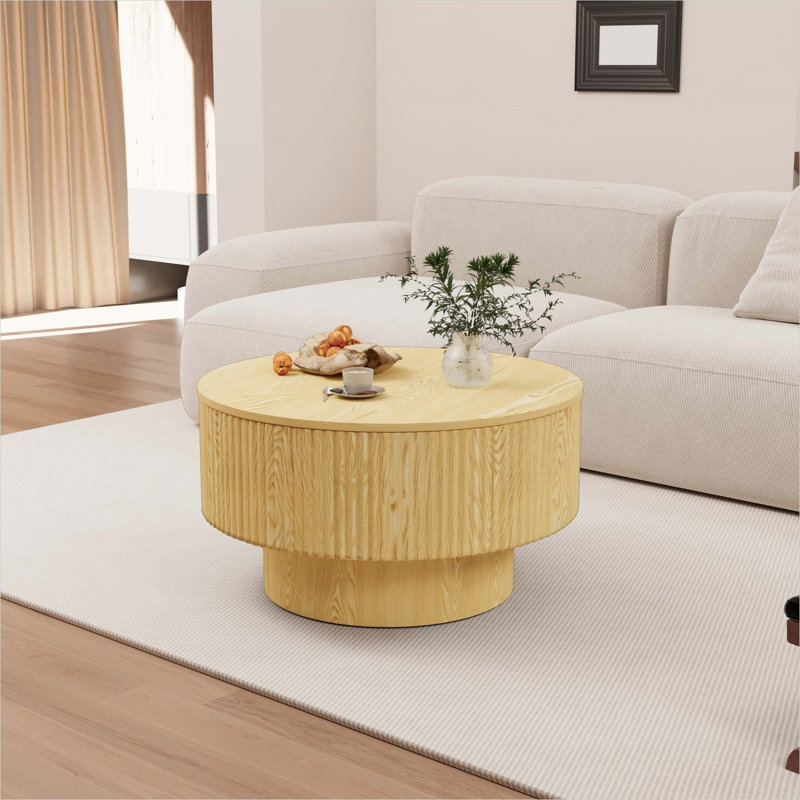 Table basse ronde 29,53 po avec panneau rainuré et rangement caché, finition naturelle