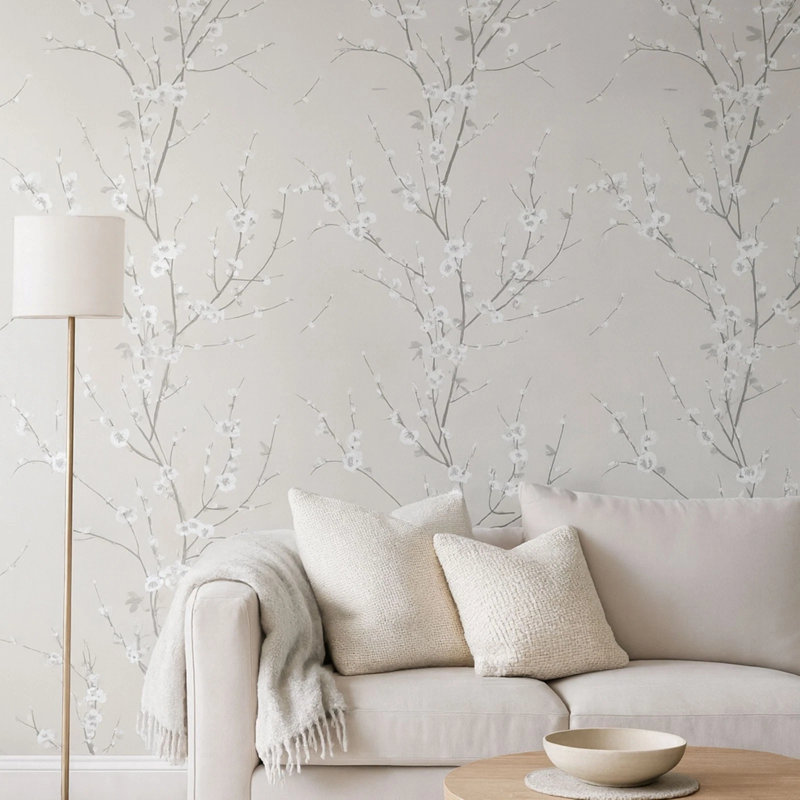 Papier peint taupe beige, gris, blanc, aquarelle, cerisiers en fleurs