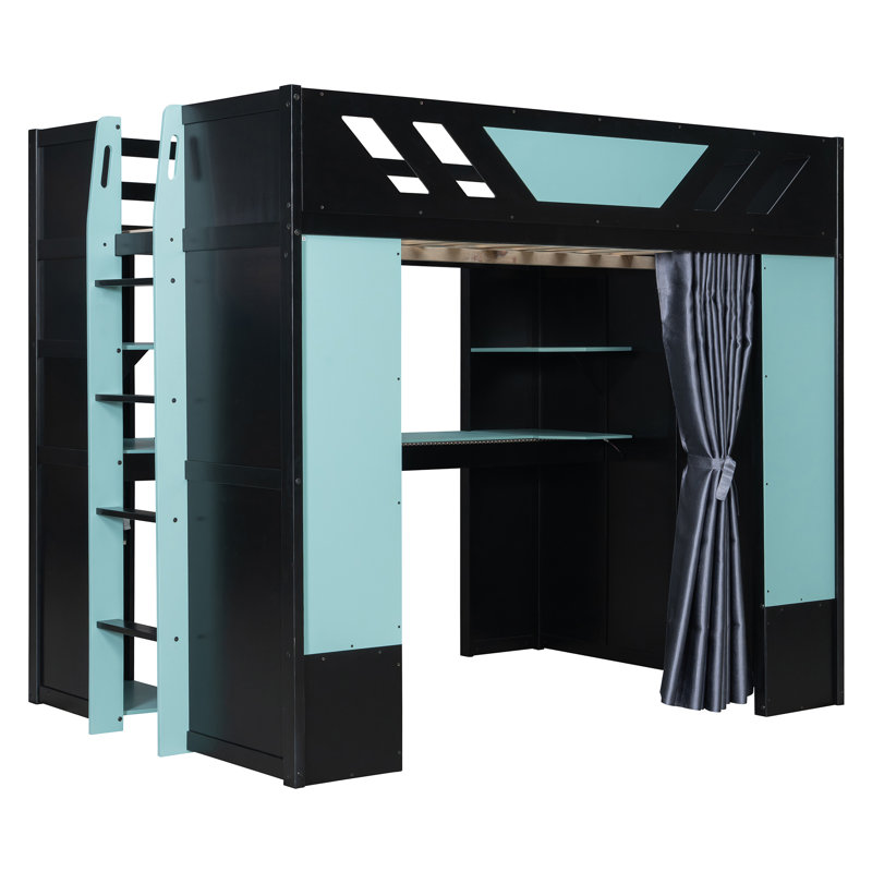Lit mezzanine multifonctionnel en bois peu encombrant, style moderne avec rangement et lumières