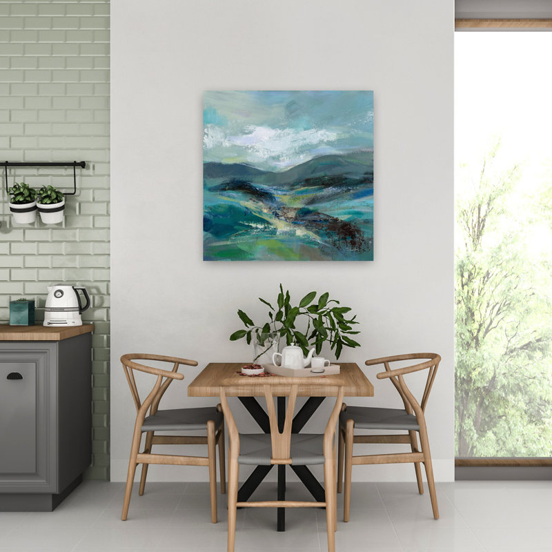 Contemporary Contemporary Turquoise Slopes I with Abstract Black Art, H 32 po x l 32 po