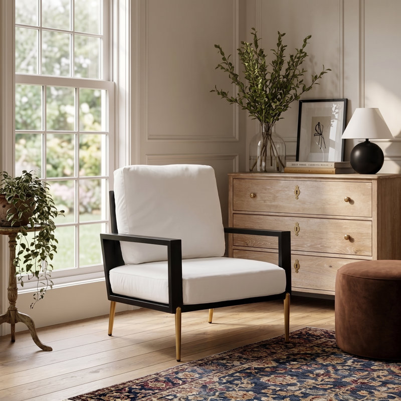 Upholstered  Accent Chair, Velvet Lounge Arm Chair With Solid Wood Frame, Living Room Chairs With Metal Legs For Reading Chair For Balcony, Living Room And Bedroom, White