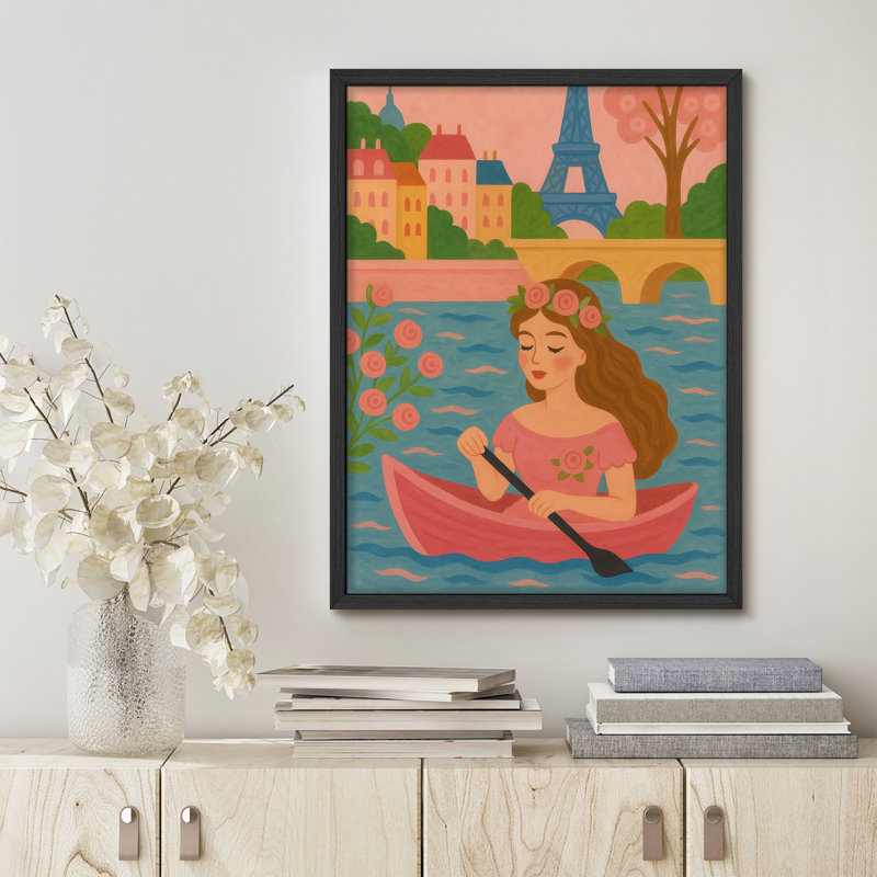 «Parisian Woman in Boat», reproduction d'art murale encadrée, paysage urbain romantique avec tour Eiffel pour chambre à coucher ou salon