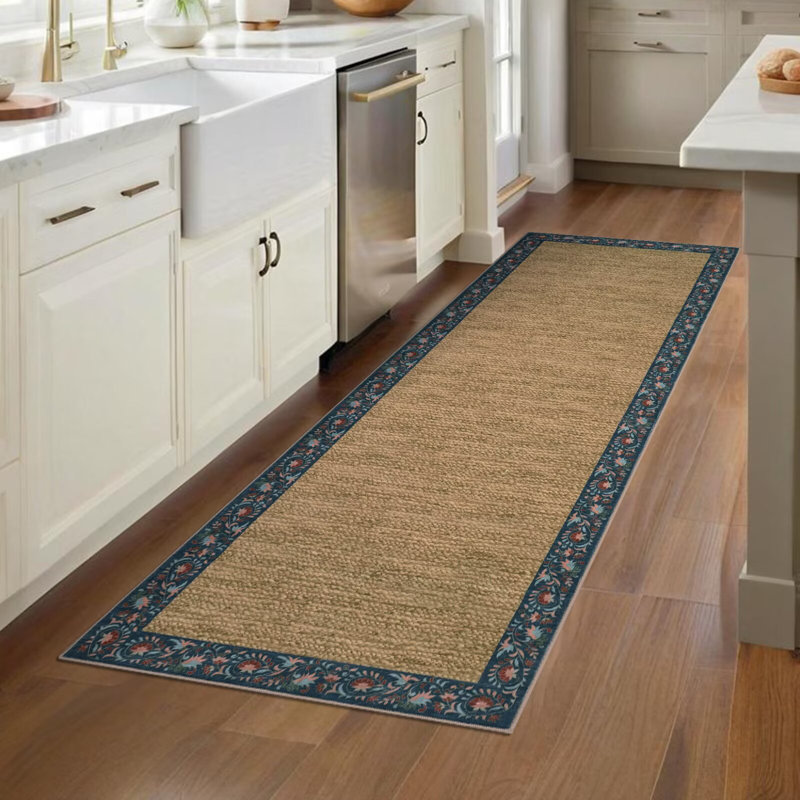 Floral Bordered Machine Washable Rug with Non-Slip Backing Non-Shedding Foldable Soft Low Pile Indoor Carpet, Runner 2' x 6'