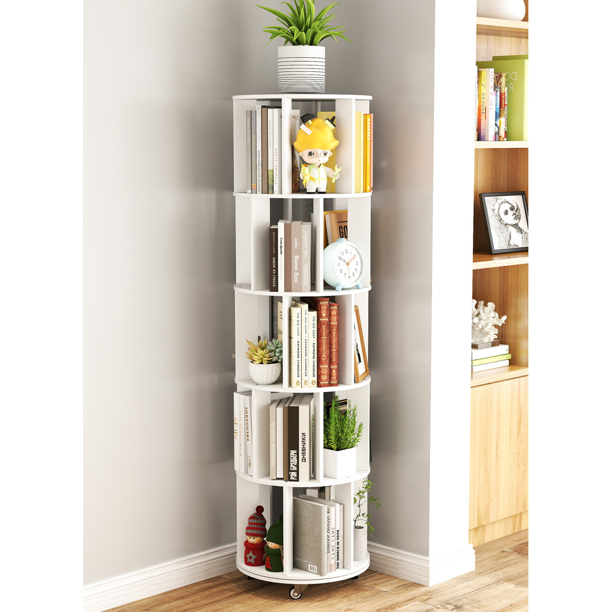 Rotating Bookshelf, Small Corner Bookshelf For Small Space, 360° Display 4 Tier Floor Standing Bookcase Storage Rack, Wood Narrow Round Bookshelf Organizer For Bedroom, Living Room, Natural Blue - View #7