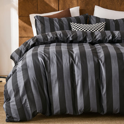 Black and Gray Striped Duvet Cover Set Queen Size - 100% Cotton Bedding Set with Zipper & Corner Ties, 3-Piece Luxury Linen Like Bedding Set for All Seasons