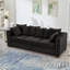 Canapé 2+3 places en velours noir, design moderne, accoudoirs carrés, housses amovibles, pieds en bois massif, espace de rangement intégré. Canapé cinq places, accoudoirs cloutés argentés, siège confortable, repose-pieds rembourré.