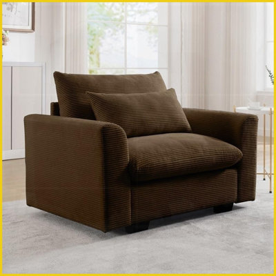 Fauteuil d'appoint simple à assise profonde en velours côtelé beige avec coussin de taille - Canapé moderne pour salon, appartement, bureau