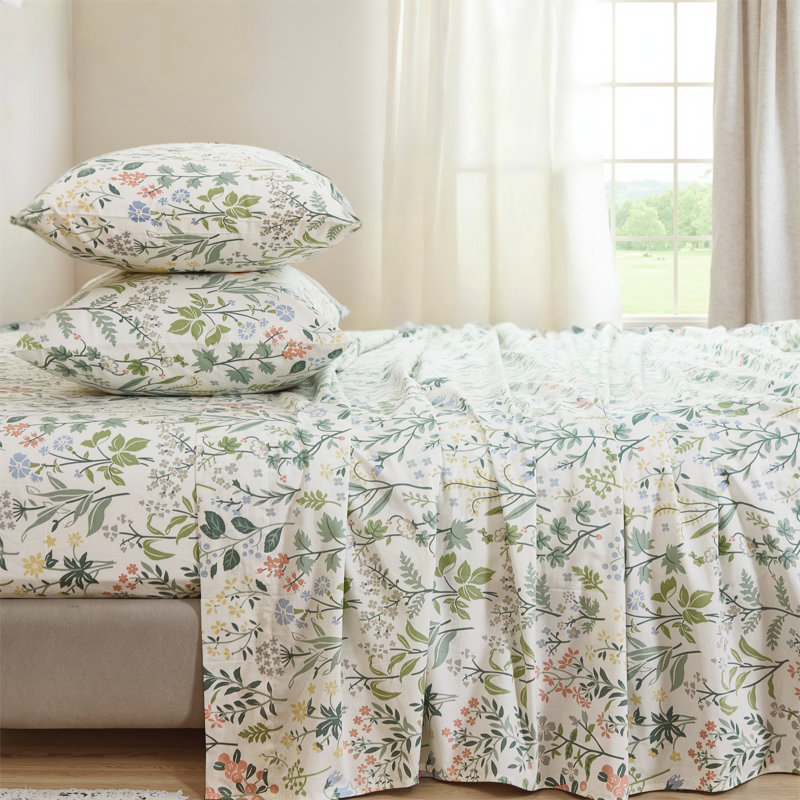 Ensemble de draps 100% coton de très grande taille - Ensemble de literie 4 pièces à motif floral rétro vert, tissage percale doux et respirant, drap-housse à poche profonde de 17,5 po, sensation fraîche et fraîche, élégance botanique raffinée