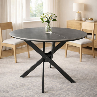 35.5“ Round Sintered Stone Dining Table With Metal X-Base – Modern Kitchen & Small Space Round Dining Table