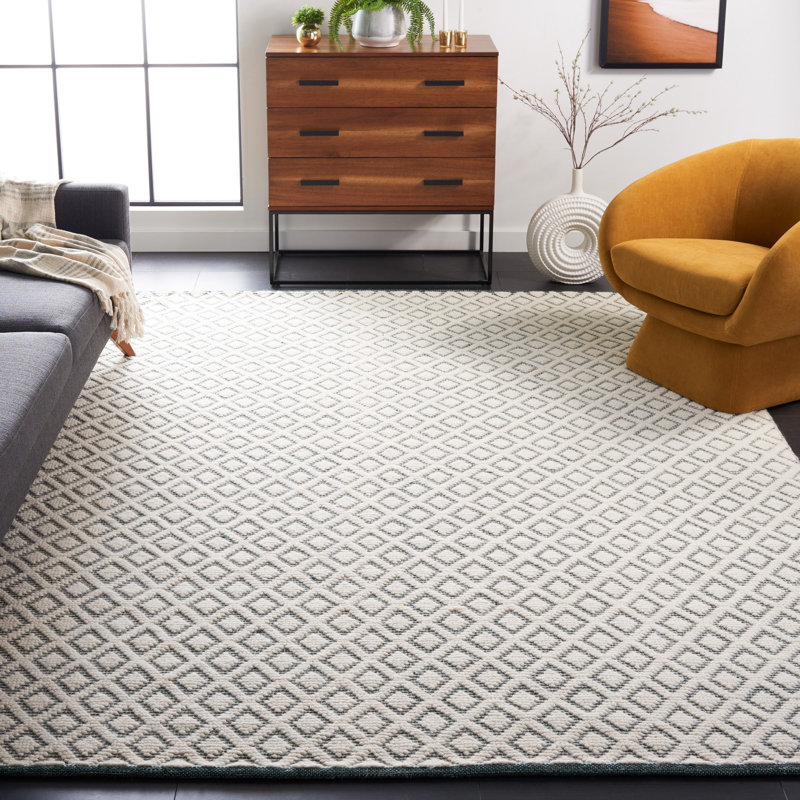 Tapis ivoire / vert en laine tissé à la main Tamworth, Rectangle 8 pi x 10 pi