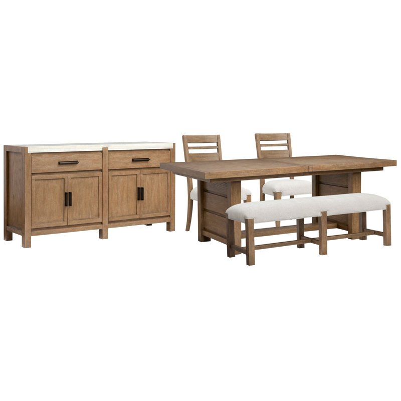 Extendable Trestle Dining Table With 2 Side Chairs Bench And Server, 5 Pieces: Table, 2 Chairs, Bench, Server