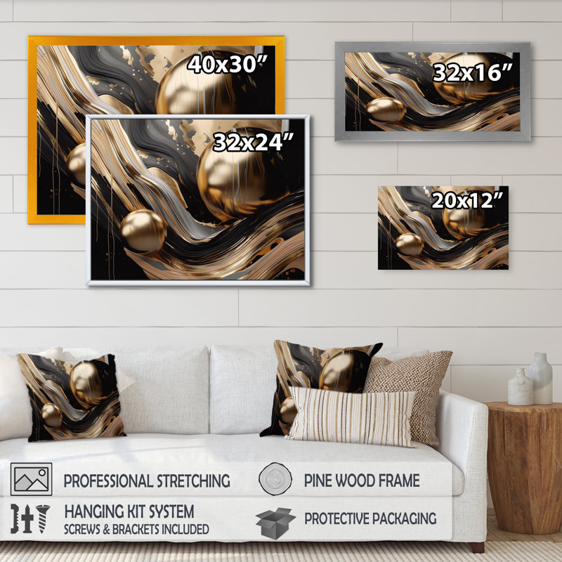 Impression sur toile encadrée dorée et noire I - marbre abstrait, H 30 po x l 40 po x P 1,5 po, Toile tendue