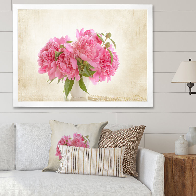 Rose pivoines Bouqet - Art mural sur toile traditionnel, H 32 po x l 16 po x P 1,5 po, Cadre photo blanc