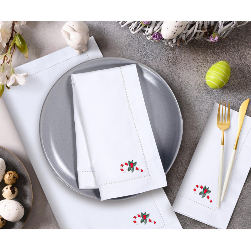 Serviettes en coton brodées, lavables à la machine - 18 po x 18 po, blanc, vert et rouge