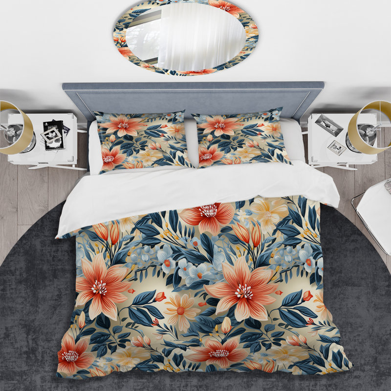 Warm Terracotta & Blue Floral Botanical Pattern II - Ensemble de housse de couette à motif floral