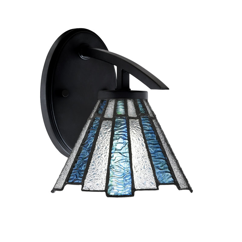 Kurve Downlight Wall Sconce With 7" Sea Ice Art Glass, Matte Black