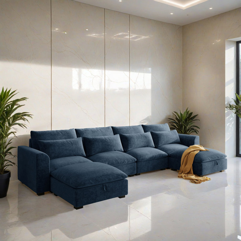 6 - Piece Modular Sleeper Sectional Sofa Bed Corner Sofa for Living Room, Blue Linen Blend