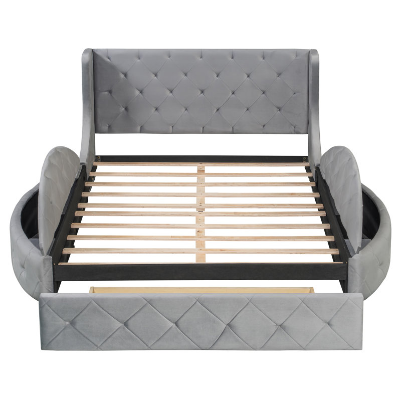 Grand lit plateforme tapissier avec tiroir de rangement et tête de lit à oreilles en velours, gris