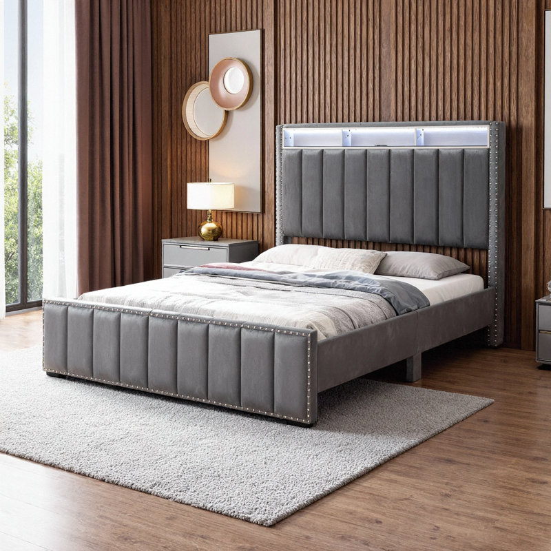 Modern Full Size Bed Frame with LED Storage Headboard and Tufted Upholstery, Dark Grey Contemporary Bedroom Furniture, Full