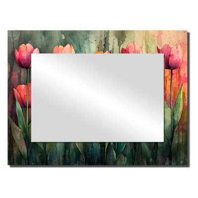 «Watercolor Pink Hues Tulips Field Horizon I», art mural miroir floral - imprimé sur métal