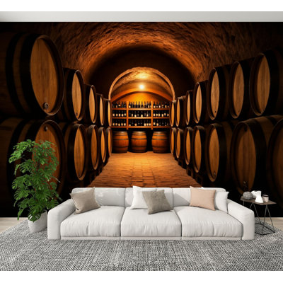 Peel and Stick Wallpaper Wine Barrel Cellar Interior Oak Barrels Rustic Underground Winery Wall Murals 100"H x 144"W Removable PVC Wall Paper Self-Adhesive Wall Decor for Bedroom Living Room Home Office