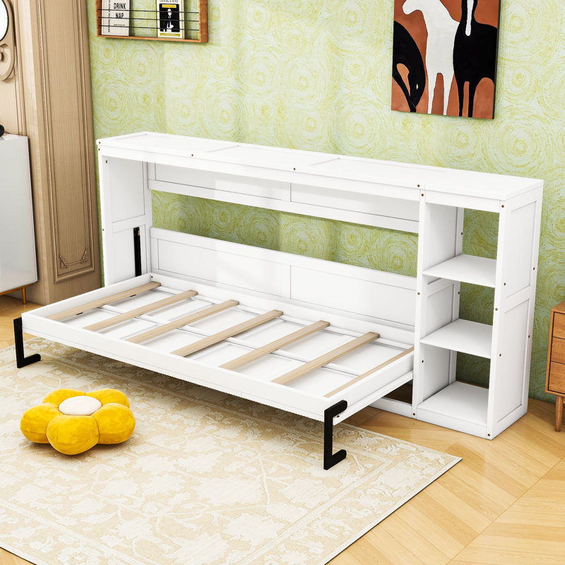 Lit escamotable en bois peu encombrant avec tablettes de rangement latérales, Simple, Blanc