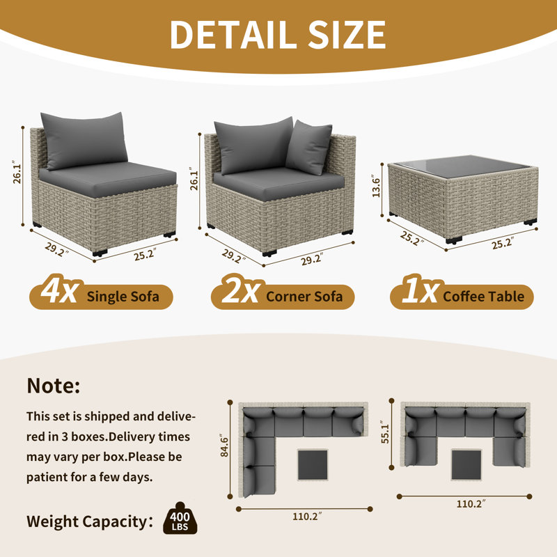 7 Piece Patio Conversation Set with Coffee Table and Cushions, Grey