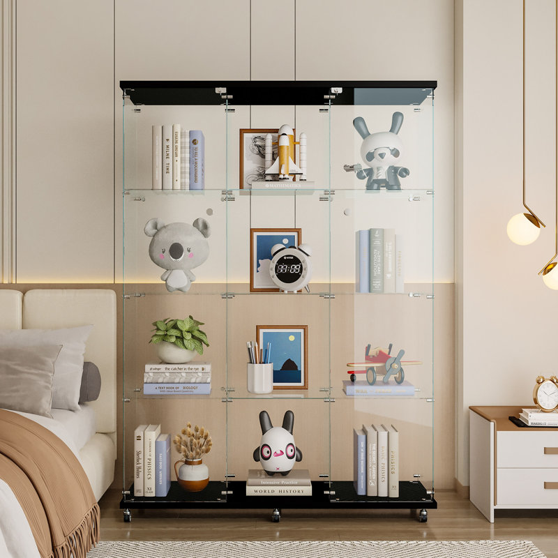 Glass Display Cabinet With 4 Shelves Extra Large, Curio Cabinets For Living Room, Bedroom, Office, Floor Standing Glass Bookshelf, Quick Installation