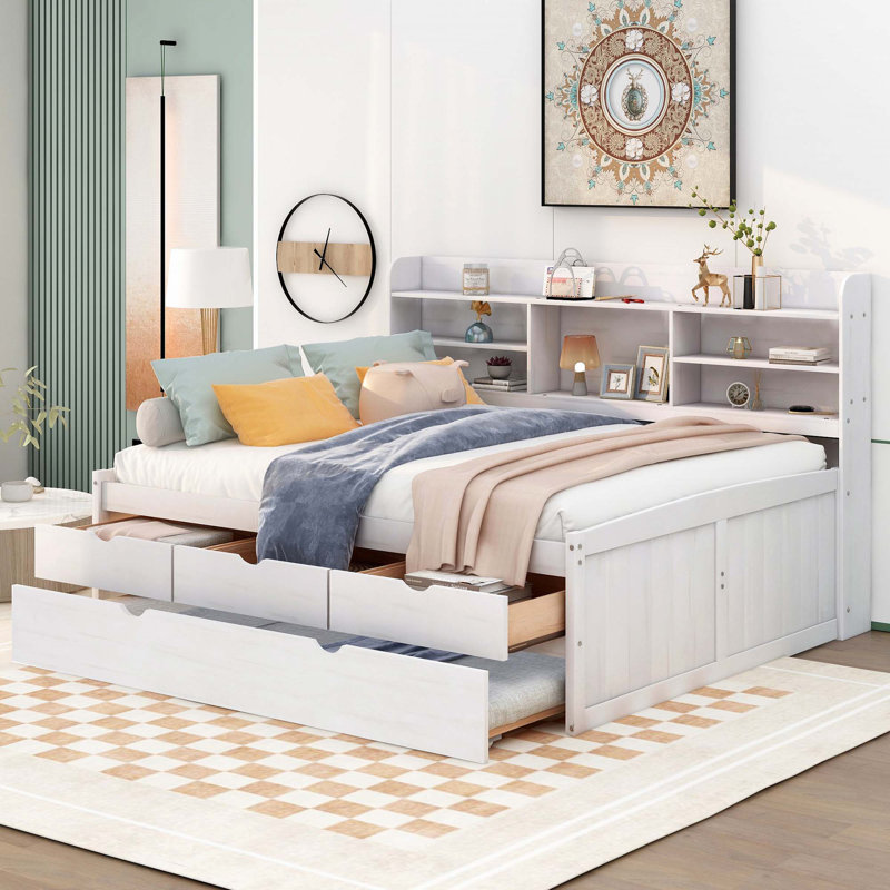 Wooden Captain Daybed Bed with Built-in Bookshelves, Full/Double, White