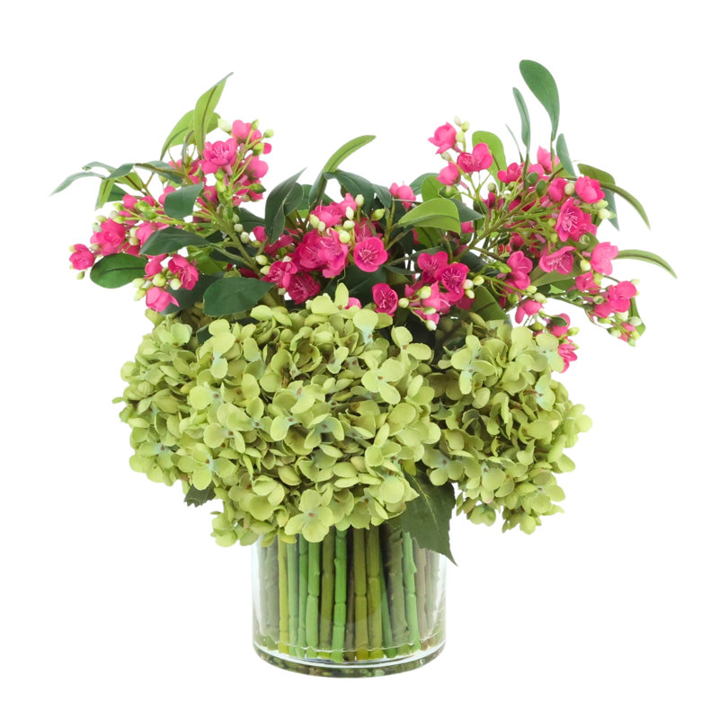 Hydrangeas and Buds in Glass Vase