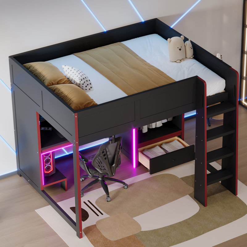 Gaming Designed Loft Bed with Desk, Wardrobe, Drawer and LED Lights, Full