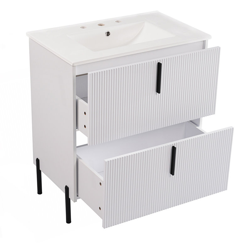 Meuble-lavabo à conception cannelée avec lavabo en céramique et 2 tiroirs, Blanc