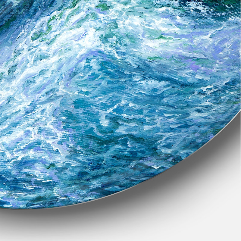 Vagues se brisant pendant la marée de l'océan sauvage - art mural nautique et côtier en cercle, H 11 po x l 11 po x p 1 po