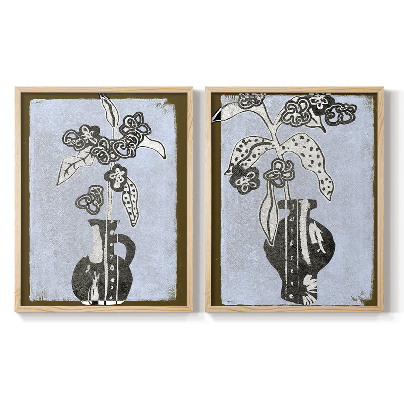 Fleurs graphiques dans un vase I - reproduction encadrée de qualité supérieure - prête à être accrochée - aucun clou requis - aucun clou requis