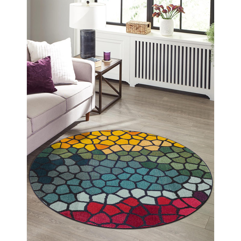 Tapis rose / jaune / bleu Jesusa, Rond 6 pi 1 po