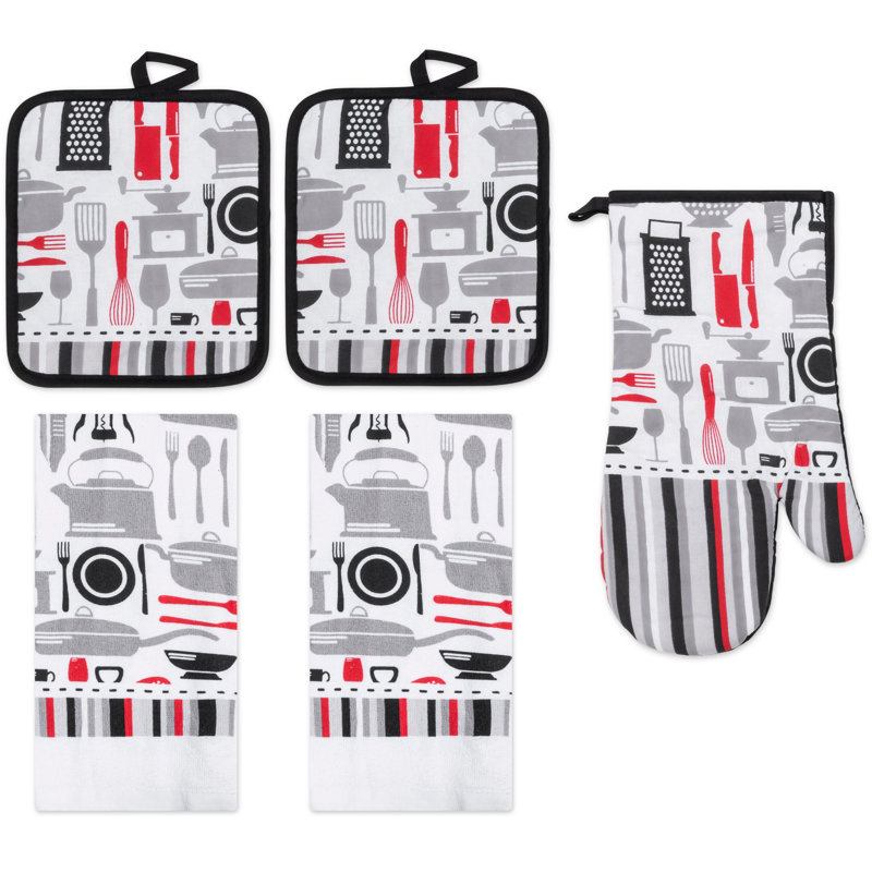 PREMIUS 5 Piece Printed Kitchen Linen Set, Kitchen Tool, 2 Cotton Towels, 2 Pot Holders, 1 Oven Mitt