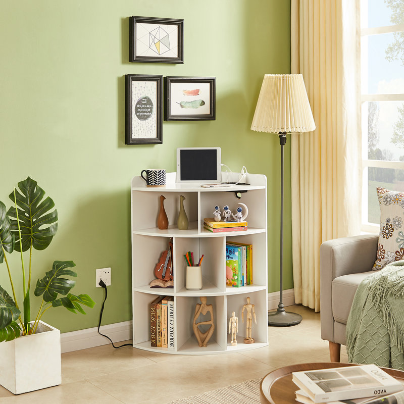 4-Tier Corner Cabinet With US Socket, 8-Cubby Wooden Bookcases Bookshelf Storage Organizer Display Rack, White
