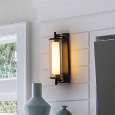 Double-Layer Shade Casler With Dual Mounting, Integrated 12W LED Dimmable, Glass & Acrylic Wall Sconce For Bathroom, 15.7" Wide, 3000K Warm White, 1050 Lumens