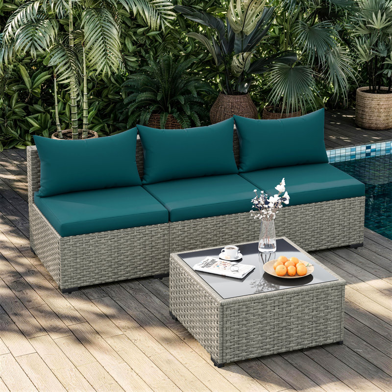 Ensemble de canapé de patio en osier 4 pièces avec table basse, Bleu paon