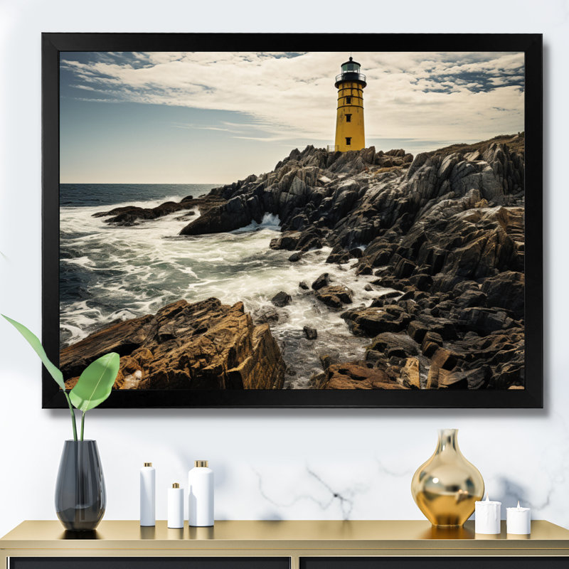 " Grey And Yellow Lighthouse Photo I ", Gold Single Picture Framed, 24" H x 32" W x 1" D