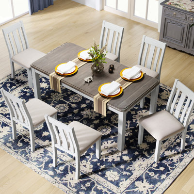 Table de salle à manger antique en bois avec 6 chaises rembourrées - fini brun blanc et 7 chaises confortables