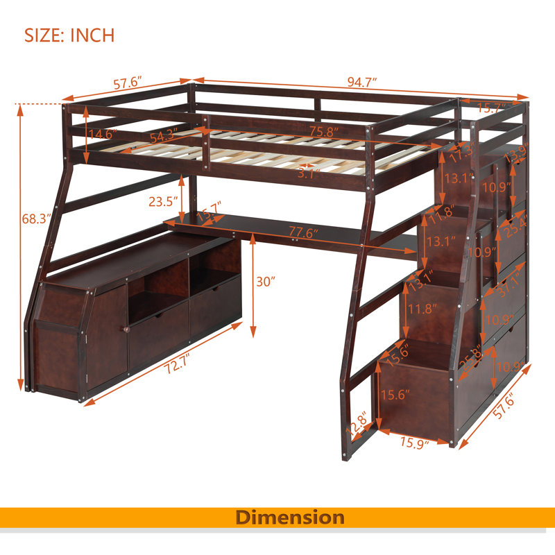 Lit mezzanine double avec 7 tiroirs, 2 tablettes et un bureau, Espresso