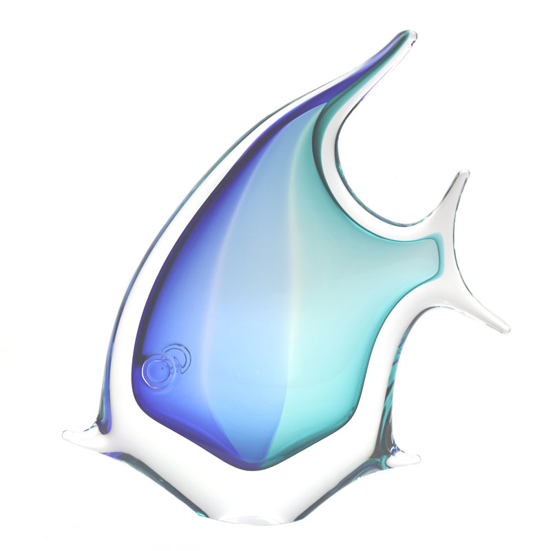 Murano Glass Design Tropical Fish, Aqua/Blue, 10" H x 9.5" W x 2.5" D