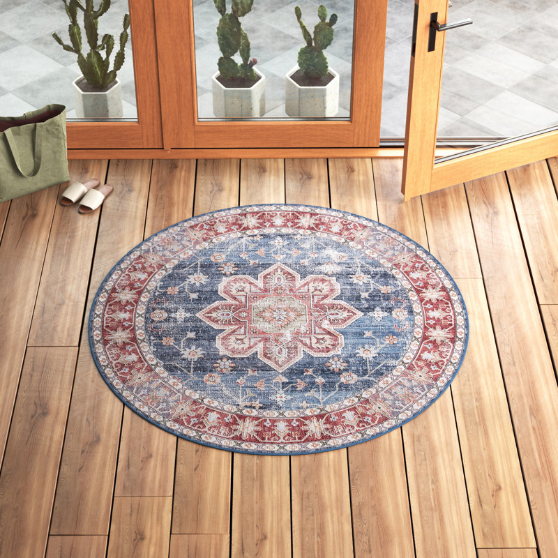 Deblois Oriental Blue/Rust Area Rug, Round 4'