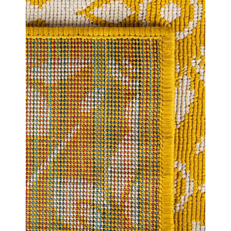 Yellow and Ivory Floral Flat Woven Outdoor Runner Rug