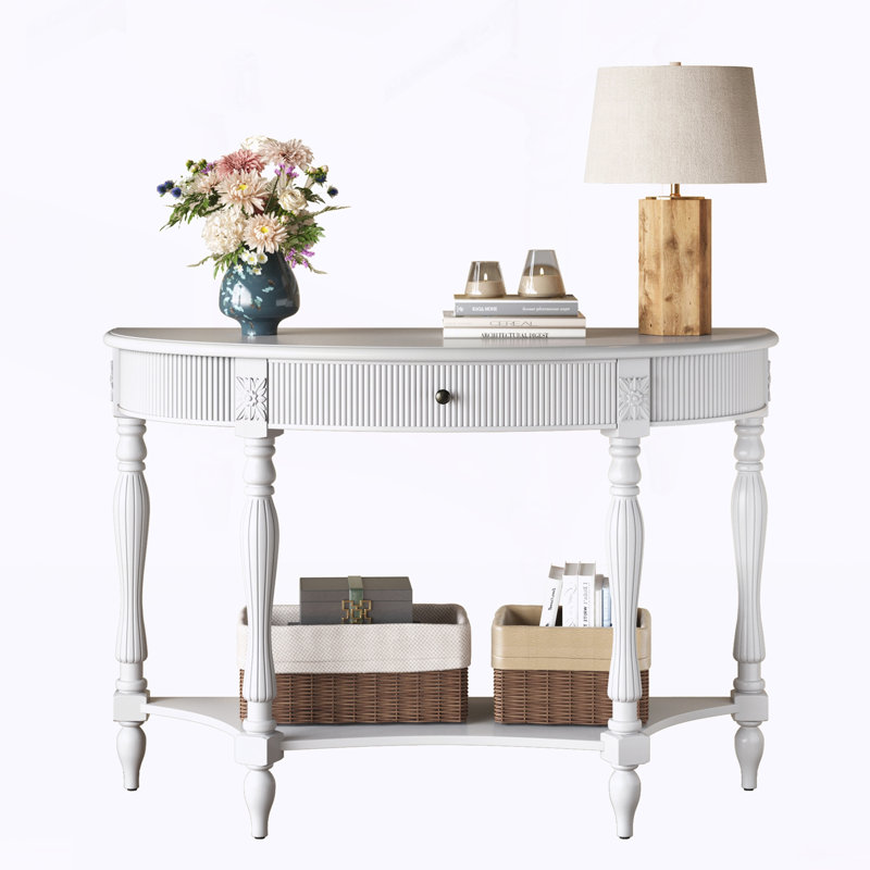 Console demi-lune avec tiroir et tablette, White, Blanc, White