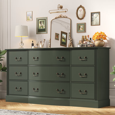 9 Drawers Dresser for Bedroom with Curved Design, 63" Wide Mid Century Modern Chest Of Drawers With Vintage Handle, Wooden Drawer Organizer For  Living Room, Hallway