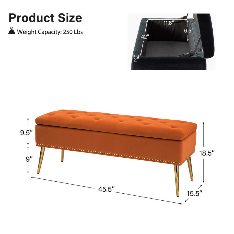 Banc de rangement rembourré en velours Kajana, Velours orange