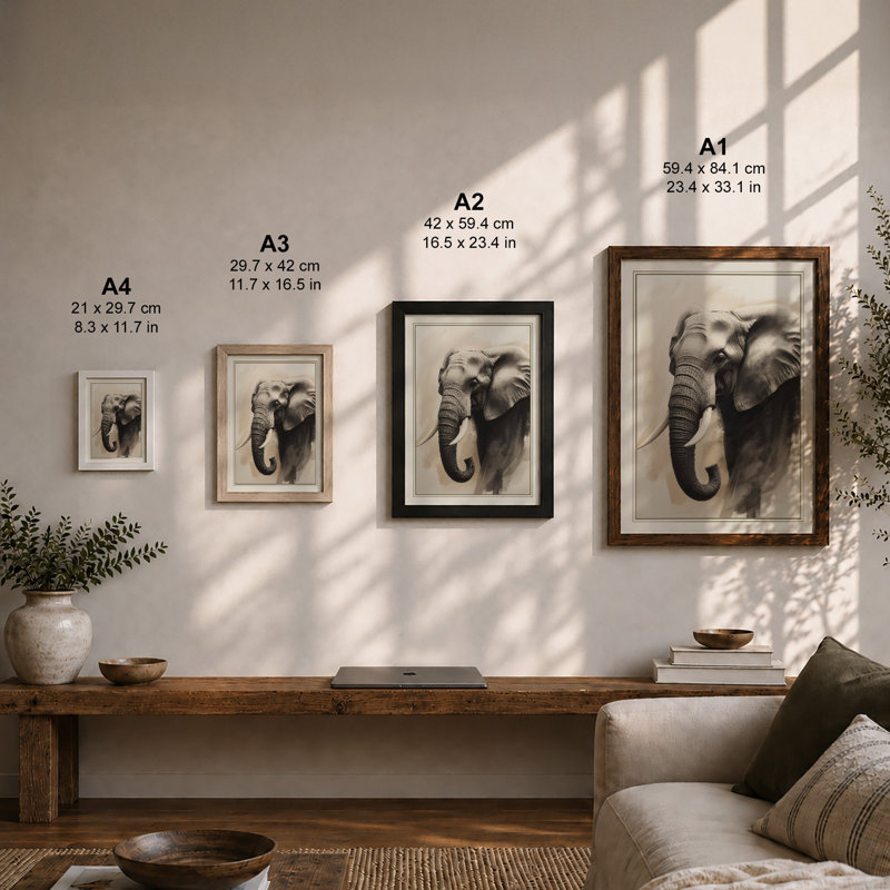 Elephant in Dignity Realism - Framed Print, A2 - 59.4 x 42.0 cm, Walnut